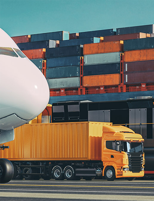 Picture of various transport methods: plane, truck, container ship, train