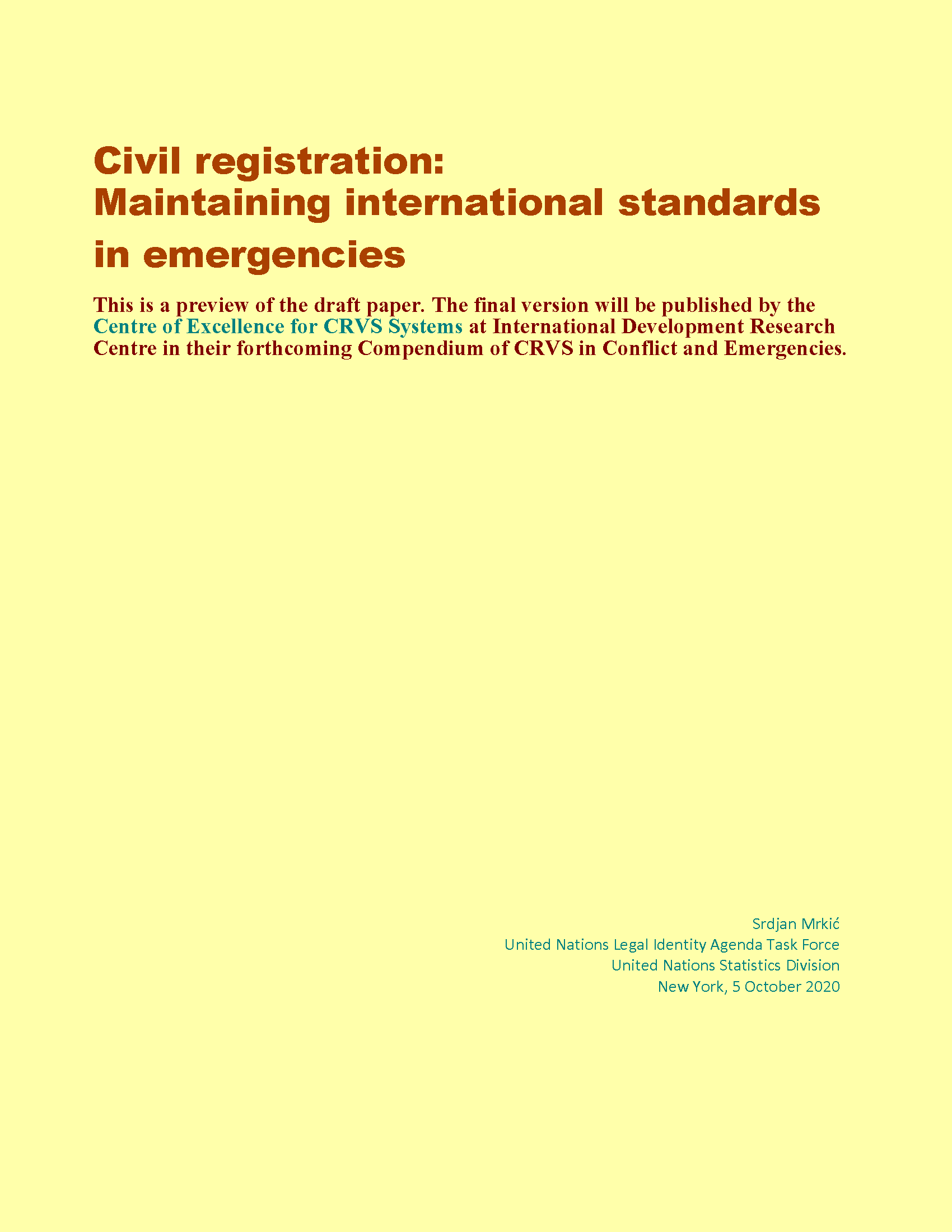 Civil registration: Maintaining international standards in emergencies